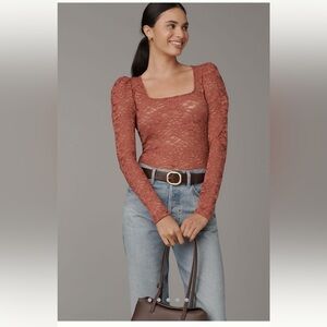 NWT Anthropologie Lace Long-Sleeve Square Neck Top